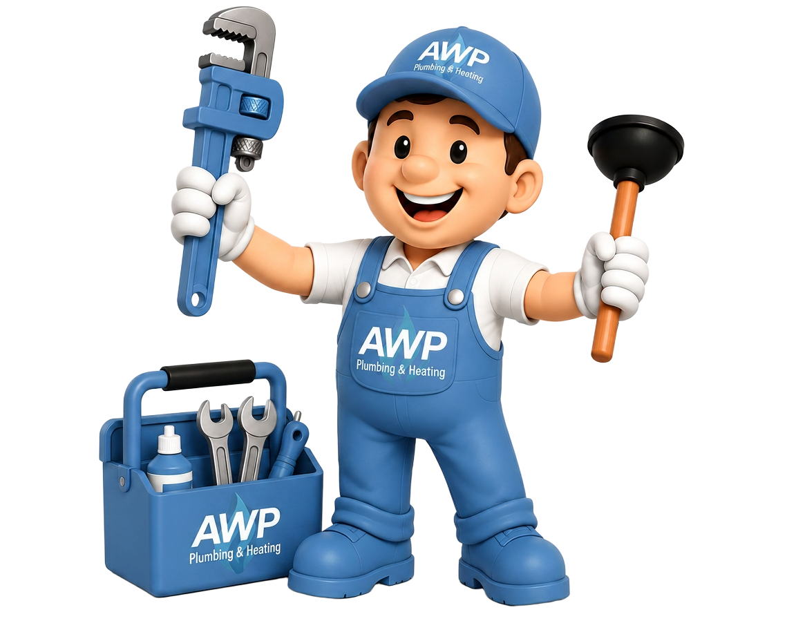AWP Plumbing & Heating mascot holding a wrench and plunger