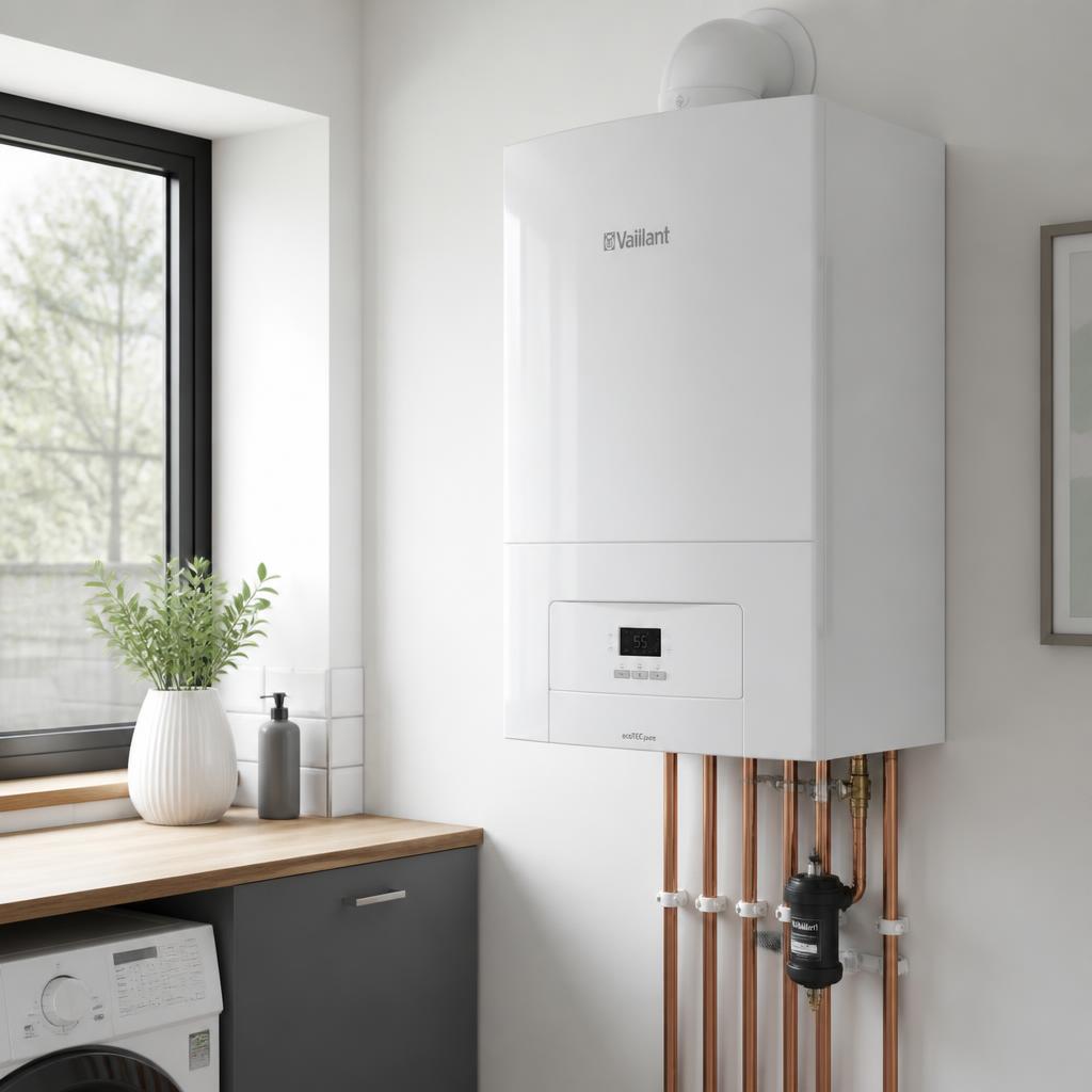 Modern wall mounted domestic boiler installation with clean pipework